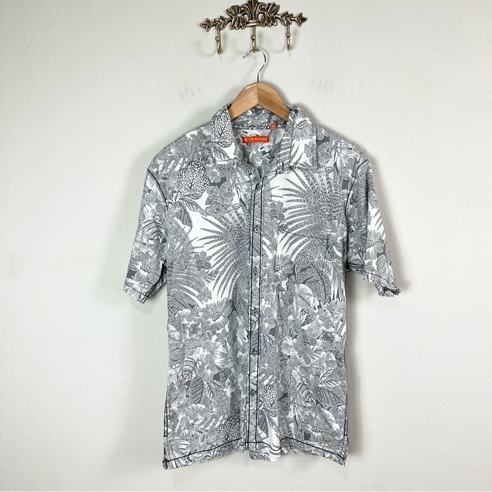 Tori Richard White Gray Tropical Hawaiian Button Down Shirt Men's Size Large
